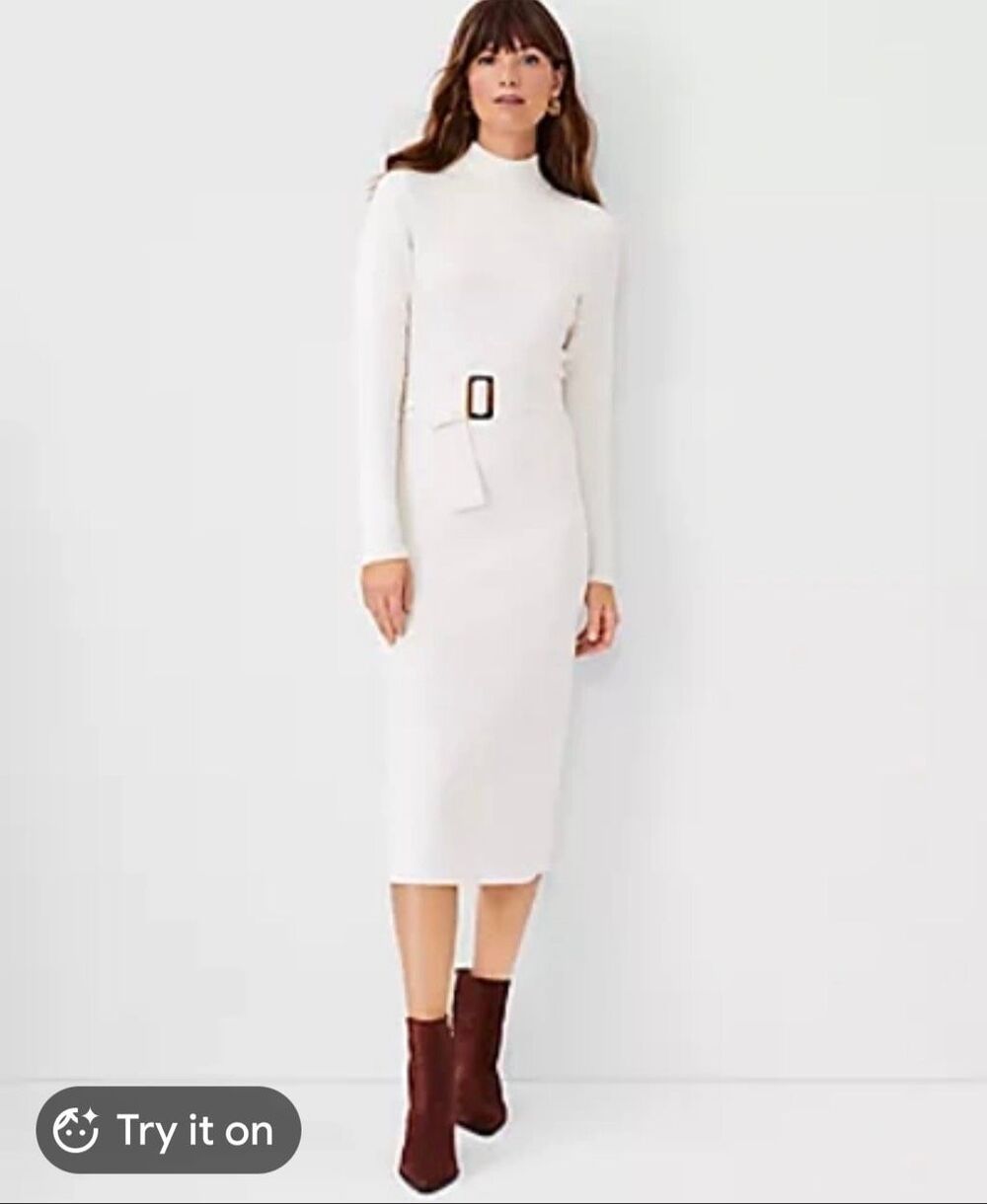 Ann Taylor Petite Belted Mock Neck Sweater Dress Cream Off-White XSP Midi